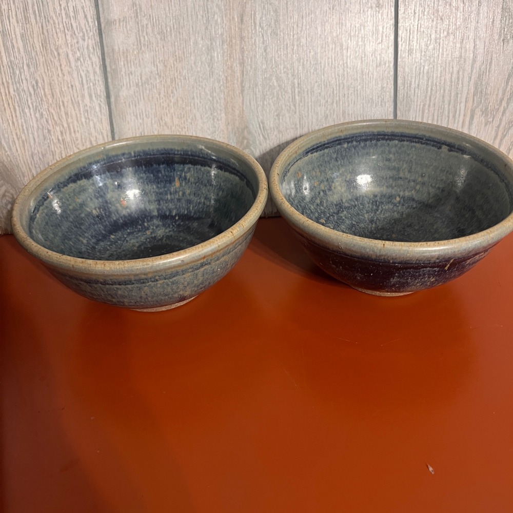 Studio Pottery Hand Thrown Blue Glaze Stoneware Bowls Set of 2 Spiral Bottom 6"